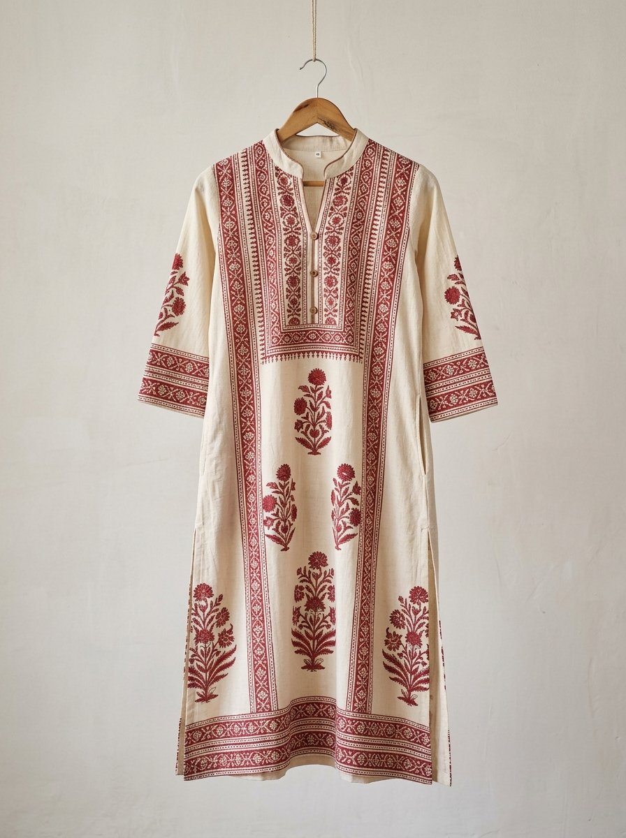 Aranya Handblock Cotton Kurti — Ivory & Madder colourway