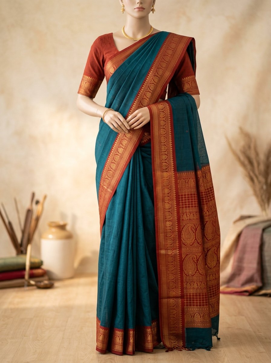 Kovai Cotton Saree — Mazhai Blue colourway