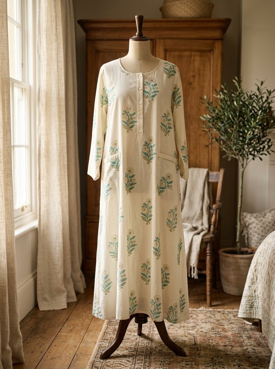 Muthu Cotton Nighty Set — Ivory-deep colourway