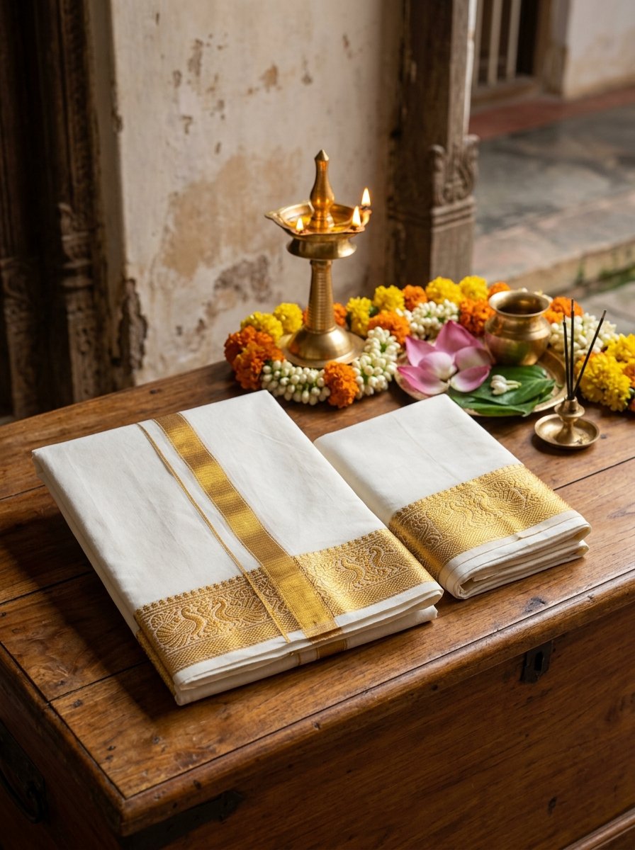 Ponni 9x5 Ceremonial Veshti — Ivory & Gold colourway